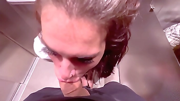 Beautiful girl Instagram blogger sucks in the elevator of the store and gets a facial