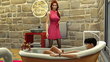 step Mother bursts into her stepson while he masturbates in the bathtub - Mom and son fucked in the bathroom