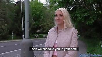 Blonde 25yo cutie gives blowjob to his huge dick in public