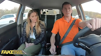 FakeDrivingSchool Backseat Fuck for Eveline Dellai After Breakdown