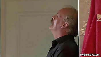 Horny granpa licks young woman shaved pussy