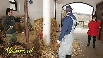 Hairy Horse Tamer Double Penetrated In Horse Stable For Her First Time