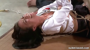 Asian slave is hogtied, electro t. and dildo punished