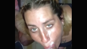 little bitch sucks it all and receives all the milk on her face