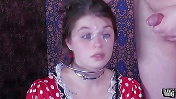 Foot licking teen slave deep throats cock