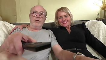 Blonde posh cougar in group sex while grandpa watches