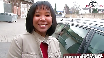 German Asian young woman next door approached on the street for orgasm casting