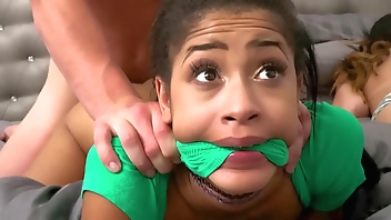 Black stepdaughter gets fucked by her stepdad while her friend's in the bed with them